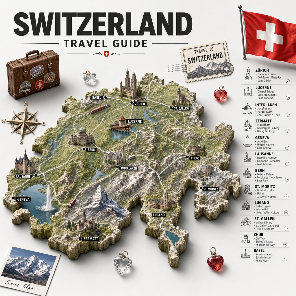 Swiss Travel Guide Relief Map Poster AI image template preview
