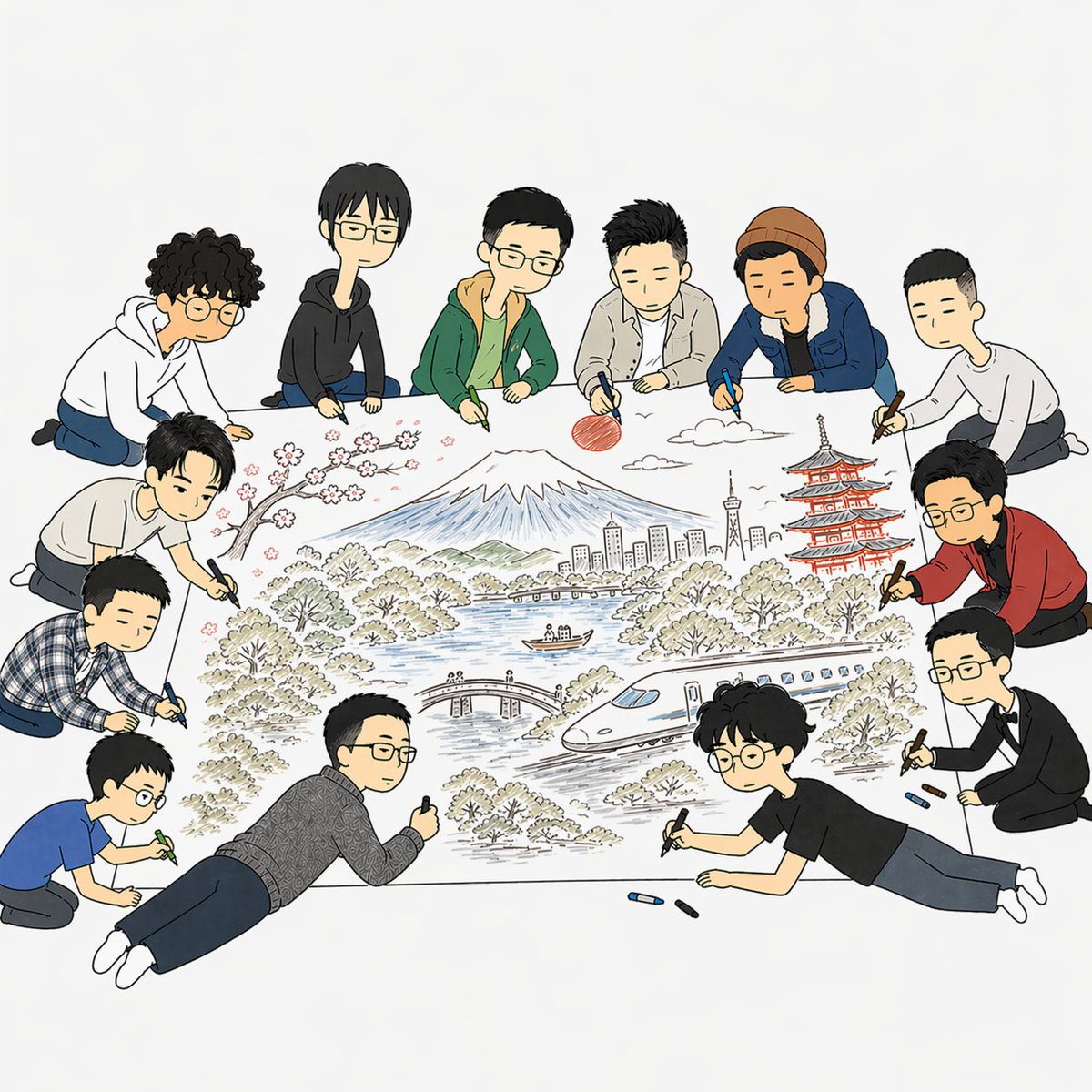 Team Drawing Japan Illustration AI image template preview