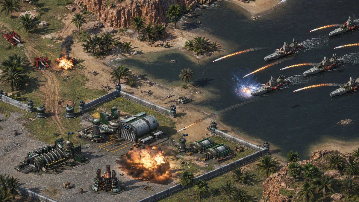 Isometric Coastal Base Under Naval Attack AI image template preview