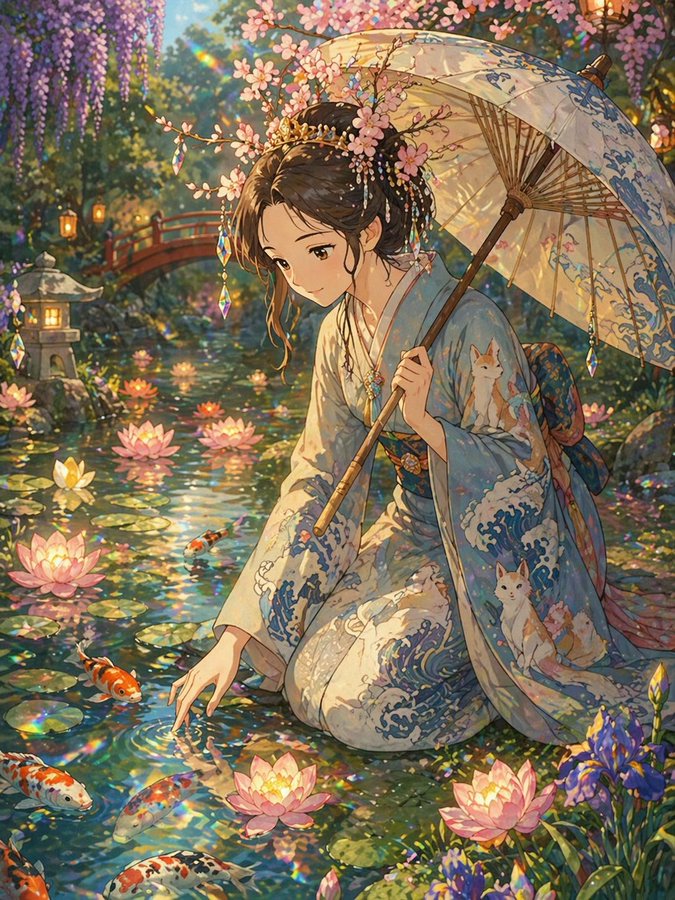 Dreamy Kimono Woman by a Koi Pond example 2