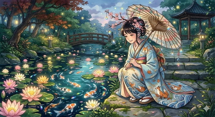 Dreamy Kimono Woman by a Koi Pond AI image template preview