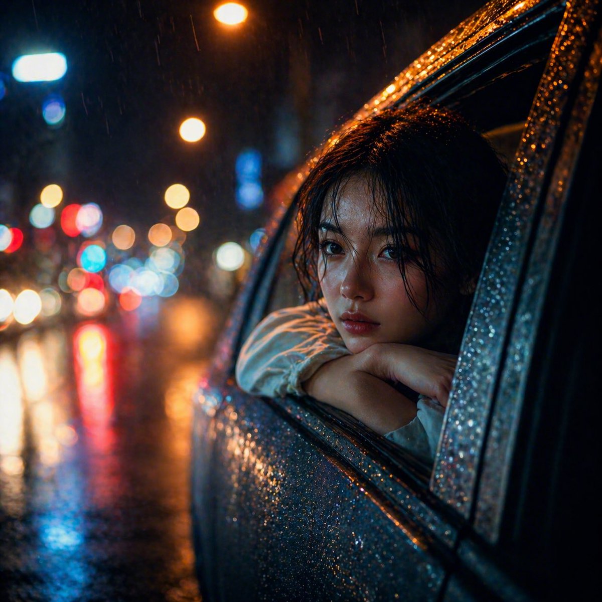 Rainy Night Woman Leaning from Car AI image template preview