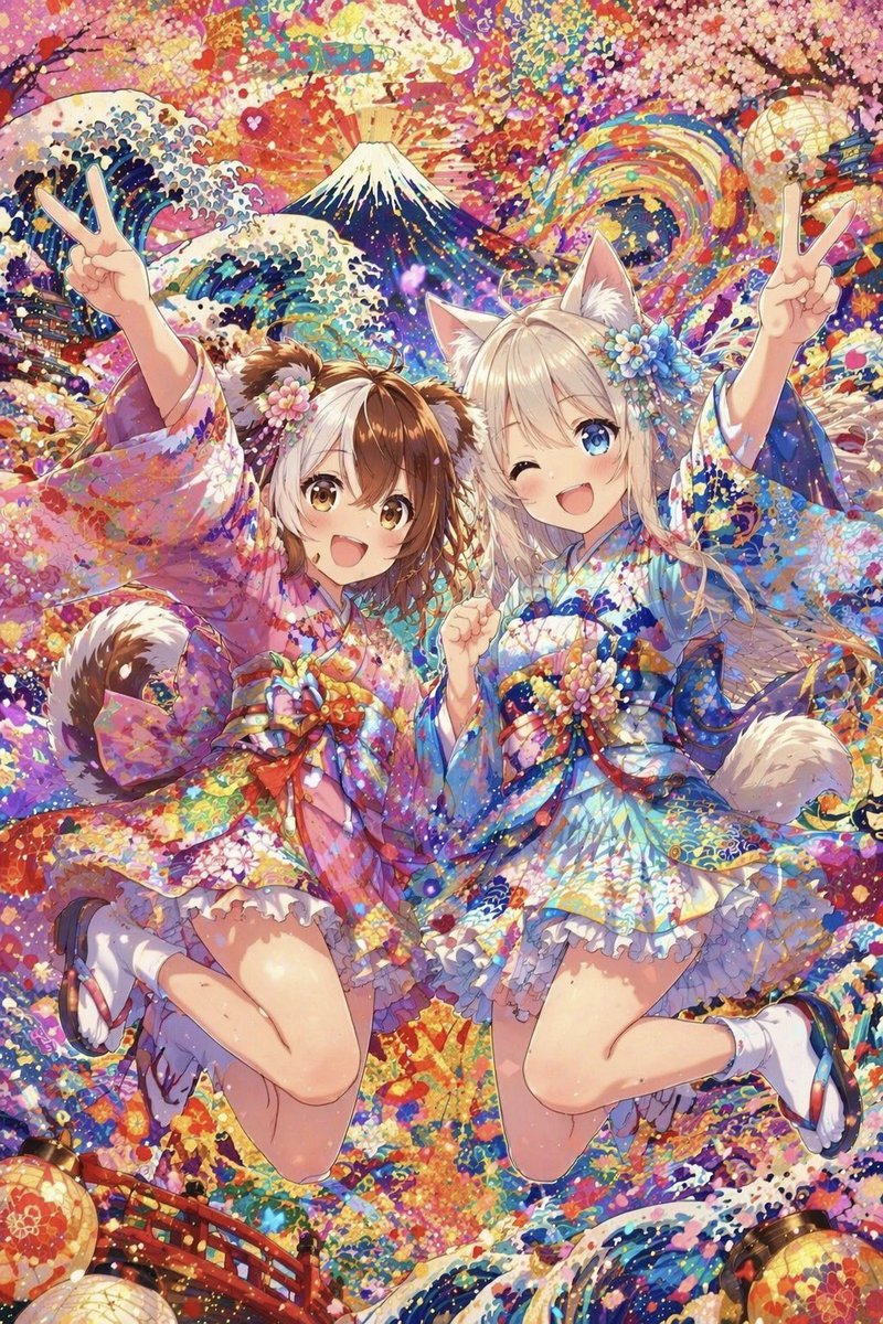 Colorful Kimono Kemonomimi Festival AI image template preview