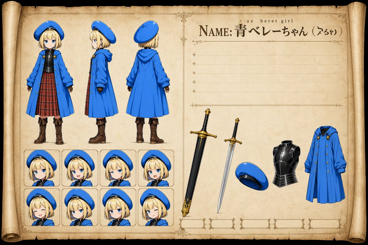 Blue Beret Girl Reference Sheet AI image template preview