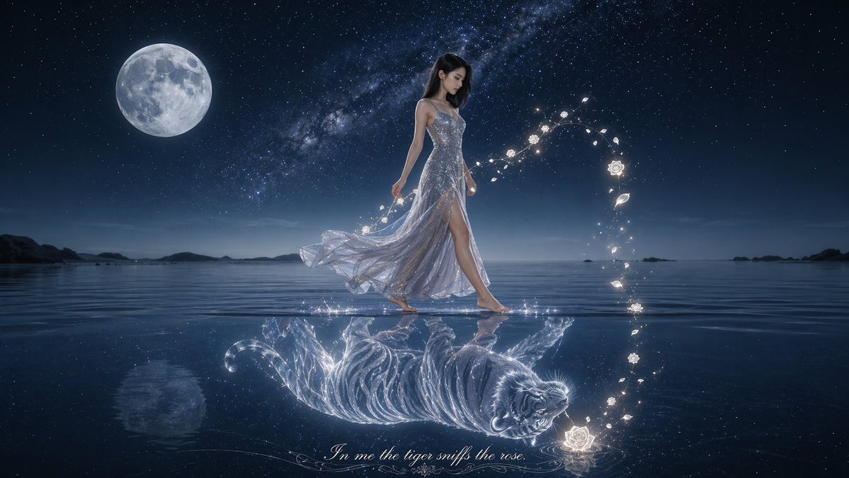 Moonlit Woman and Tiger Reflection AI image template preview
