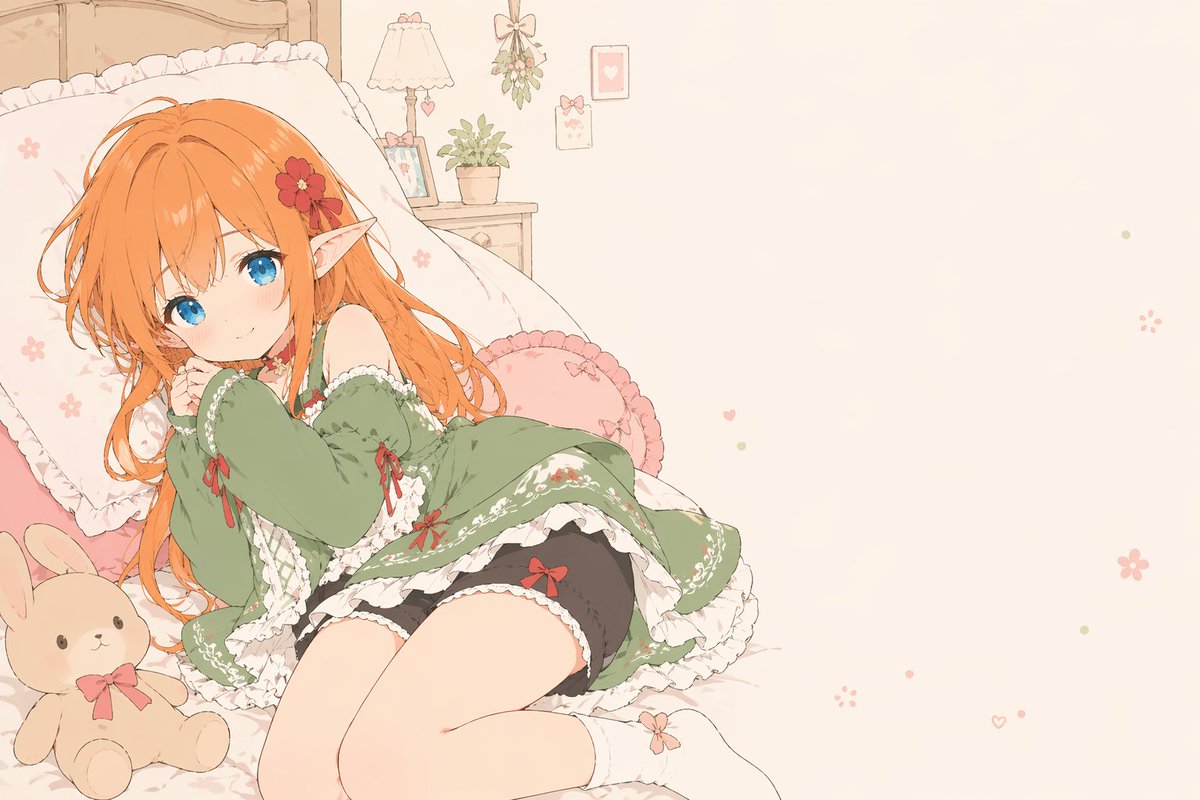 Flat-Color Elf Girl on Frilly Bed AI image template preview