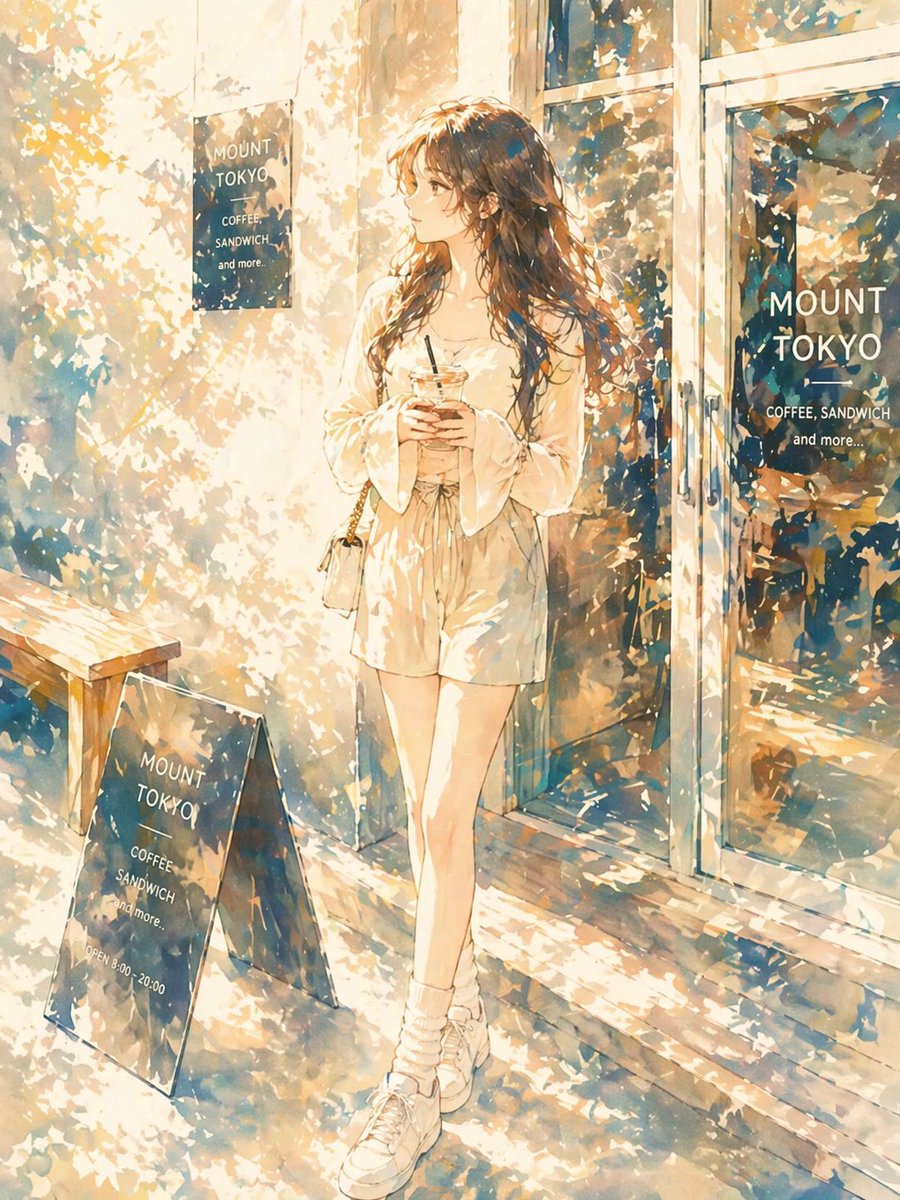 Sunlit Anime Girl Outside Cafe AI image template preview
