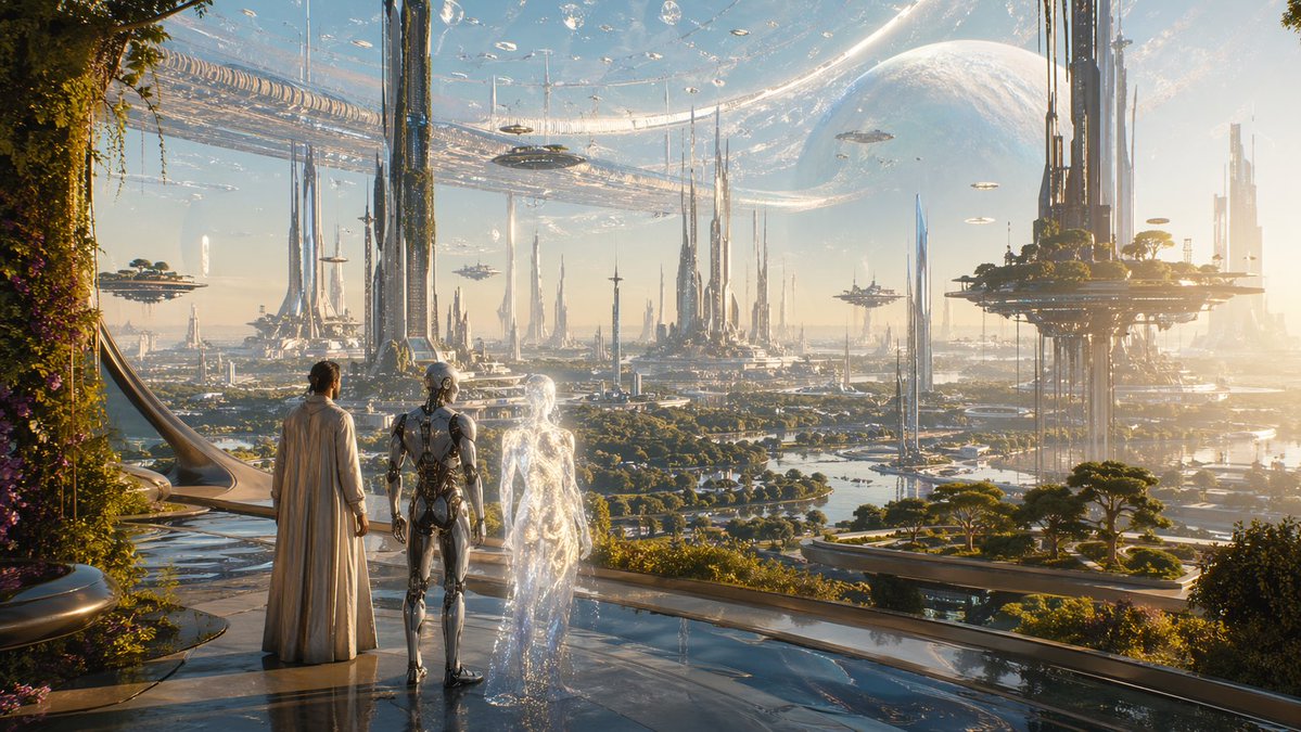 Far Future City with Transparent Humanoid AI image template preview