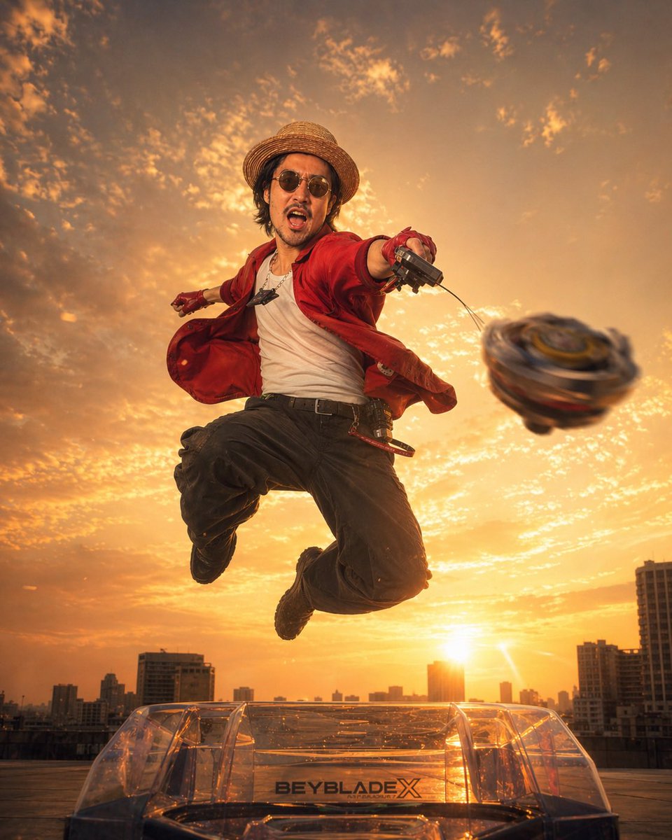 Cinematic Beyblade Rooftop Launch AI image template preview