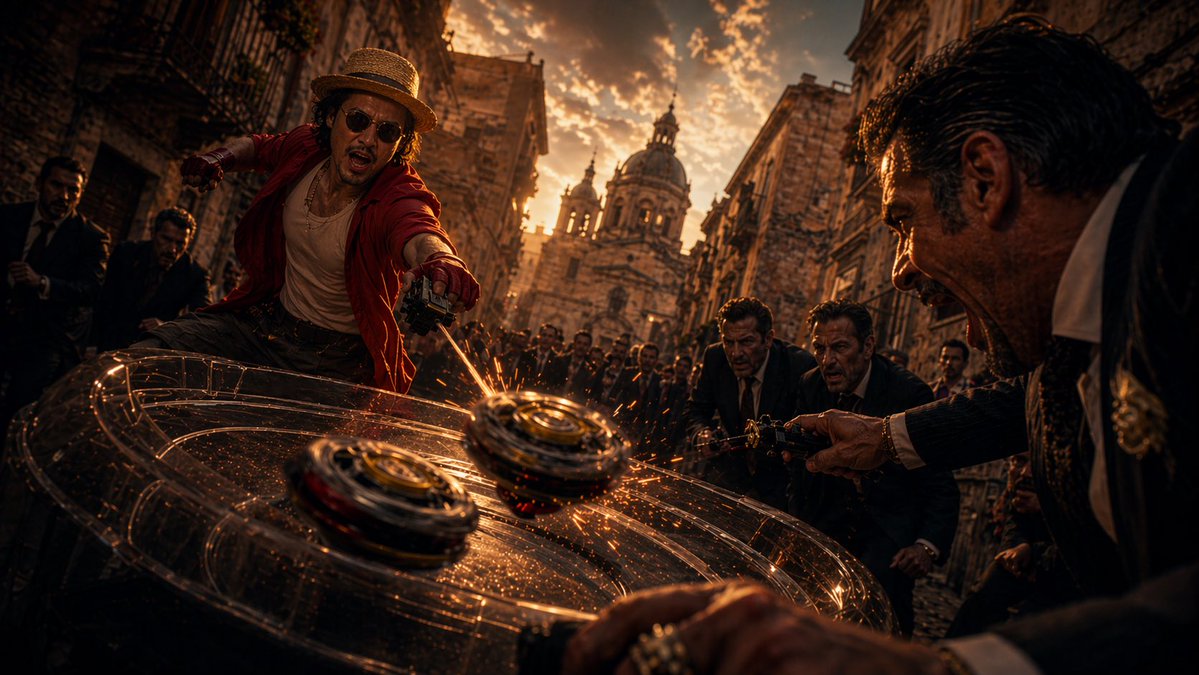 Cinematic Spinning Top Street Duel AI image template preview
