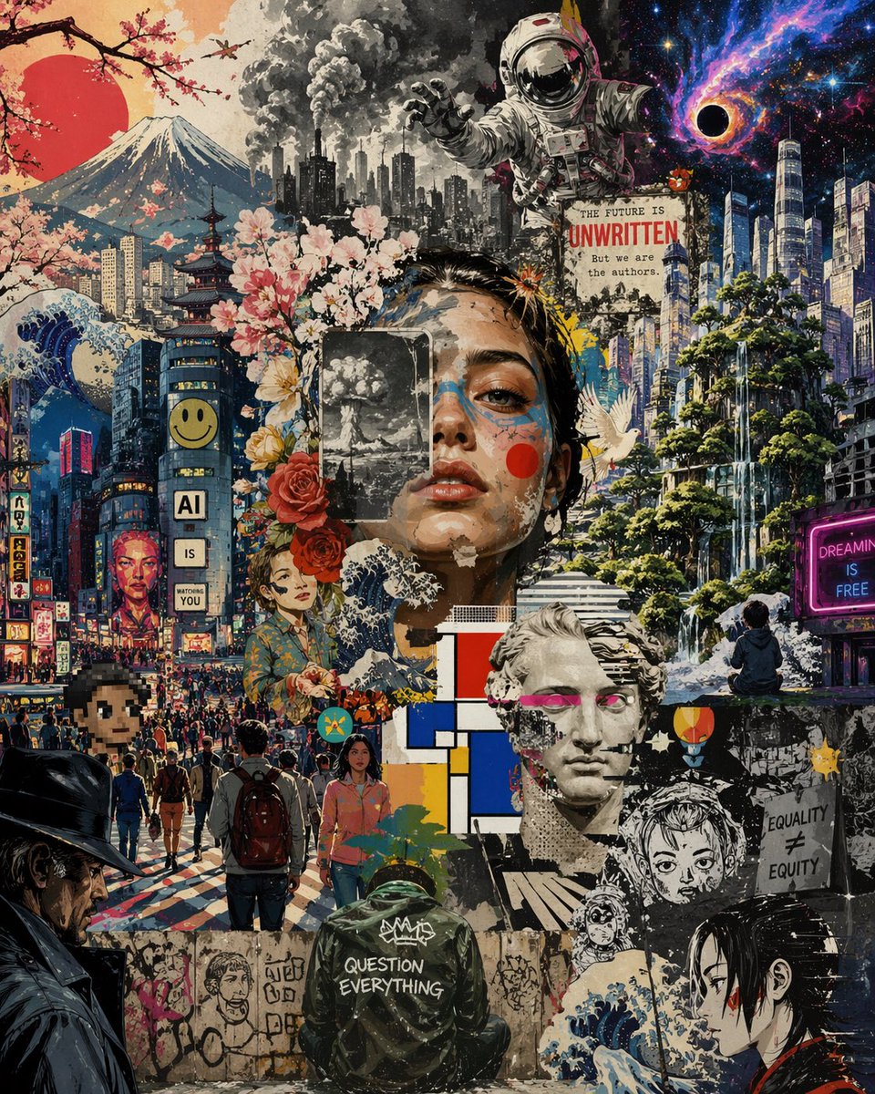 Surreal Futurist Japanese Collage Poster AI image template preview