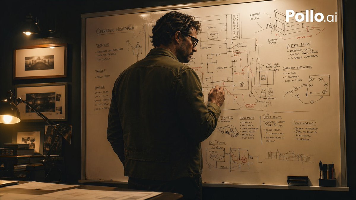 Cinematic Heist Mastermind at Whiteboard AI image template preview