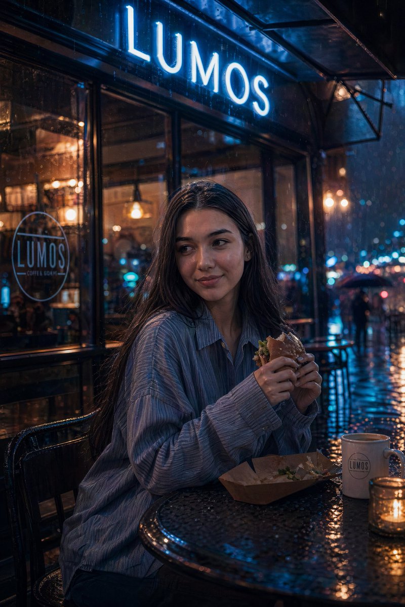 Cinematic neon cafe night AI image template preview