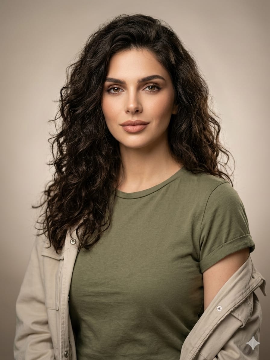 Editorial Studio Portrait in Olive Tee AI image template preview