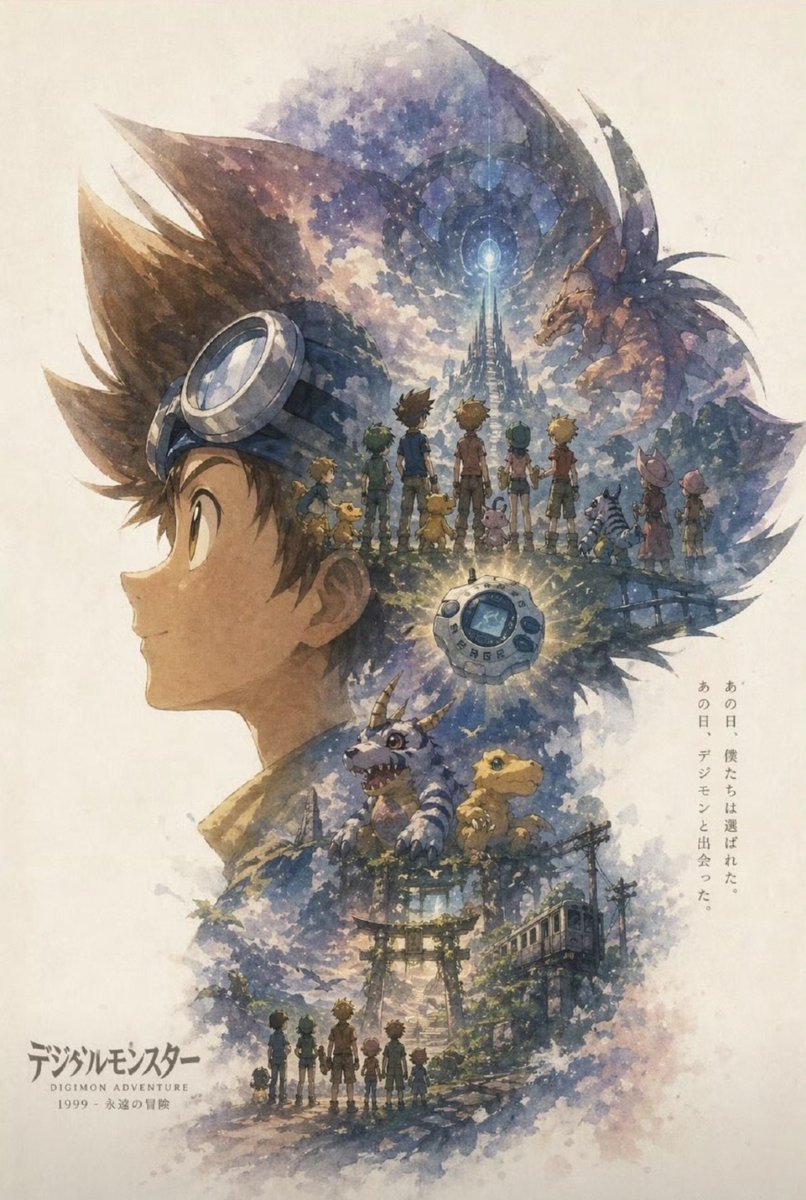 Nostalgic Watercolor Anime Adventure Poster AI image template preview