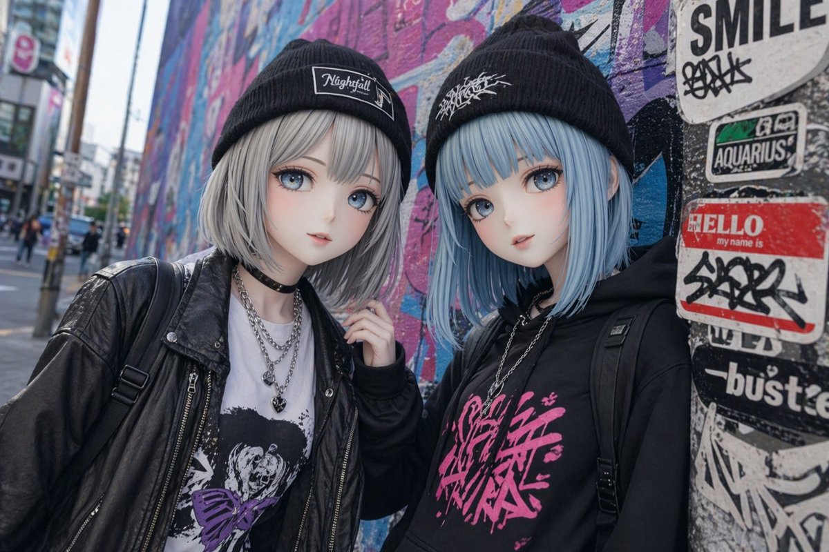 Kawaii Street Fashion Duo Portrait AI image template preview
