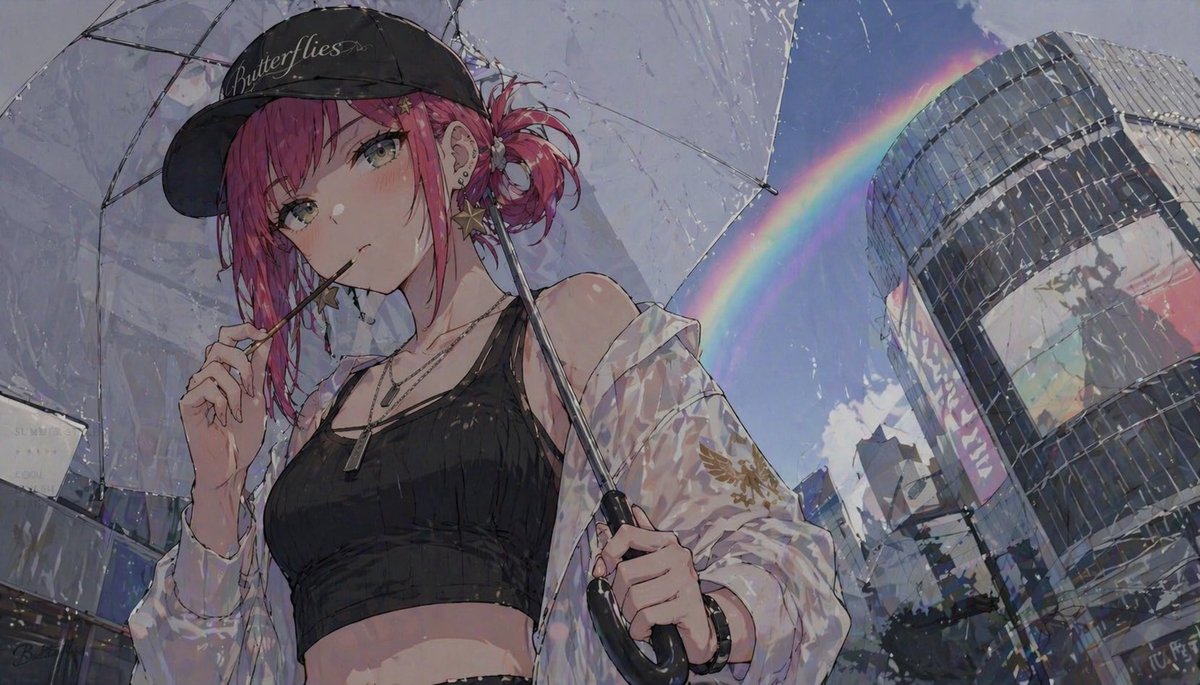 Anime Girl with Umbrella and Rainbow AI image template preview