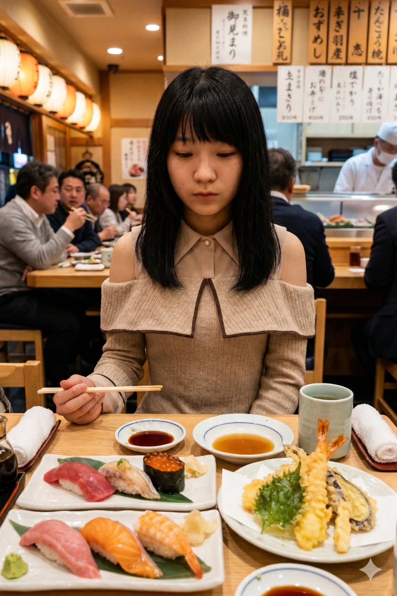 Photorealistic Sushi Counter Dinner Portrait example 2