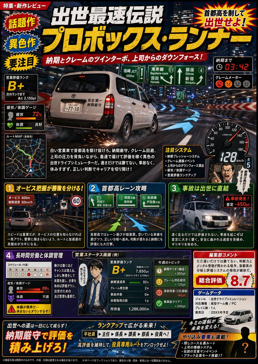 Fictional Japanese Driving Game Magazine Page AI image template preview