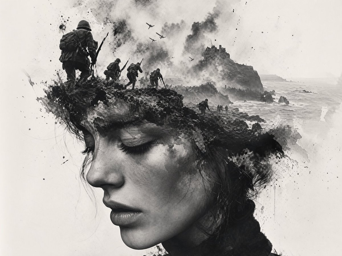 Black-and-White Wartime Ink Scene AI image template preview