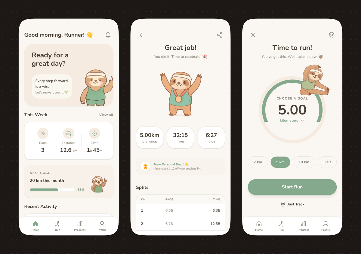 Pastel Running App UI with Sloth Mascot AI image template preview