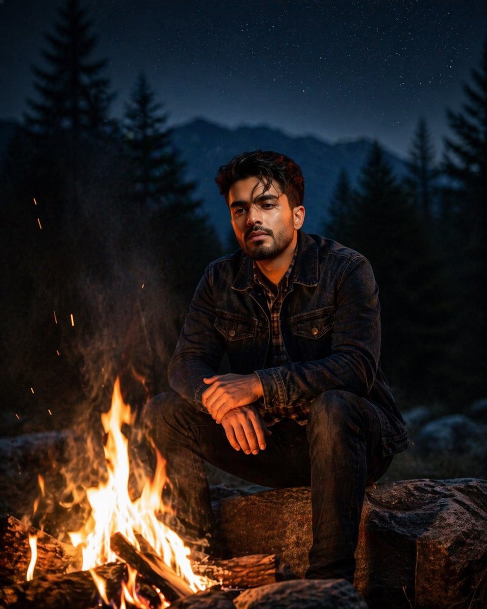Cinematic Forest Campfire Portrait AI image template preview