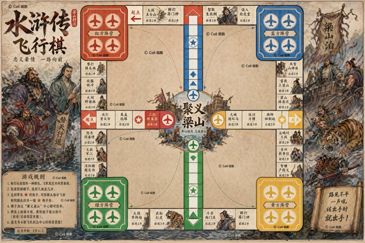 Water Margin Themed Flying Chess Board AI image template preview