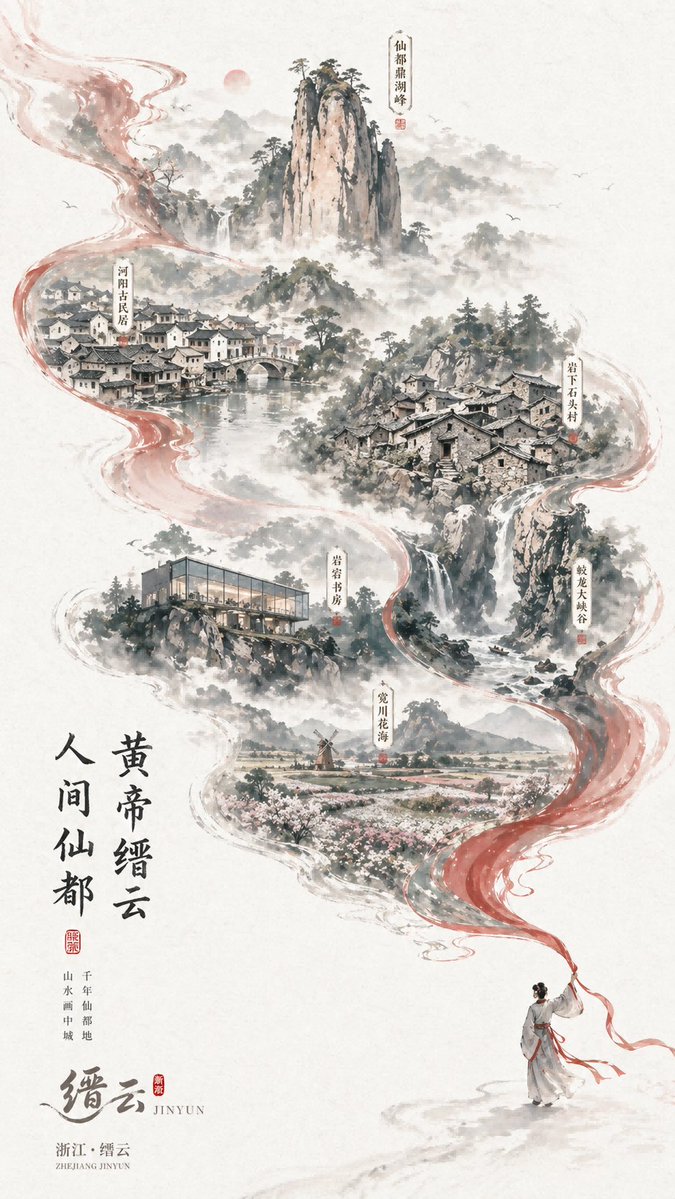 Chinese Ink-Wash Jinyun Travel Poster AI image template preview