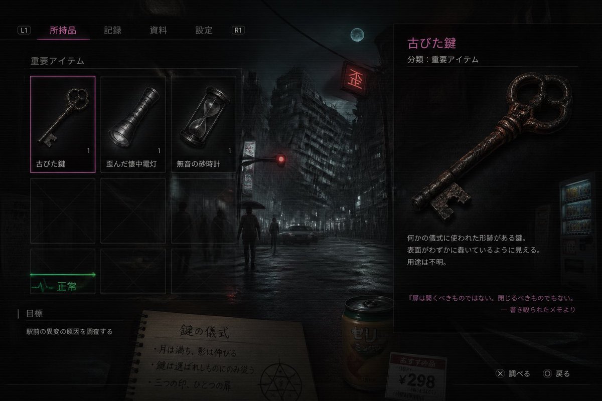 Japanese Horror Game Inventory Screen AI image template preview