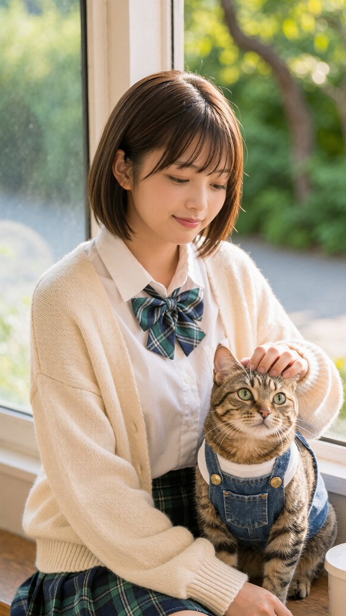 Schoolgirl With Cat by Sunlit Window AI image template preview