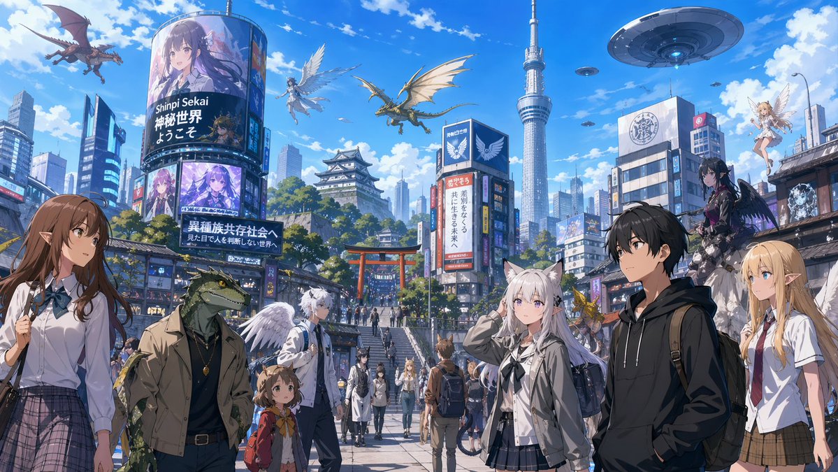 Fantasy Tokyo Coexistence Cityscape AI image template preview