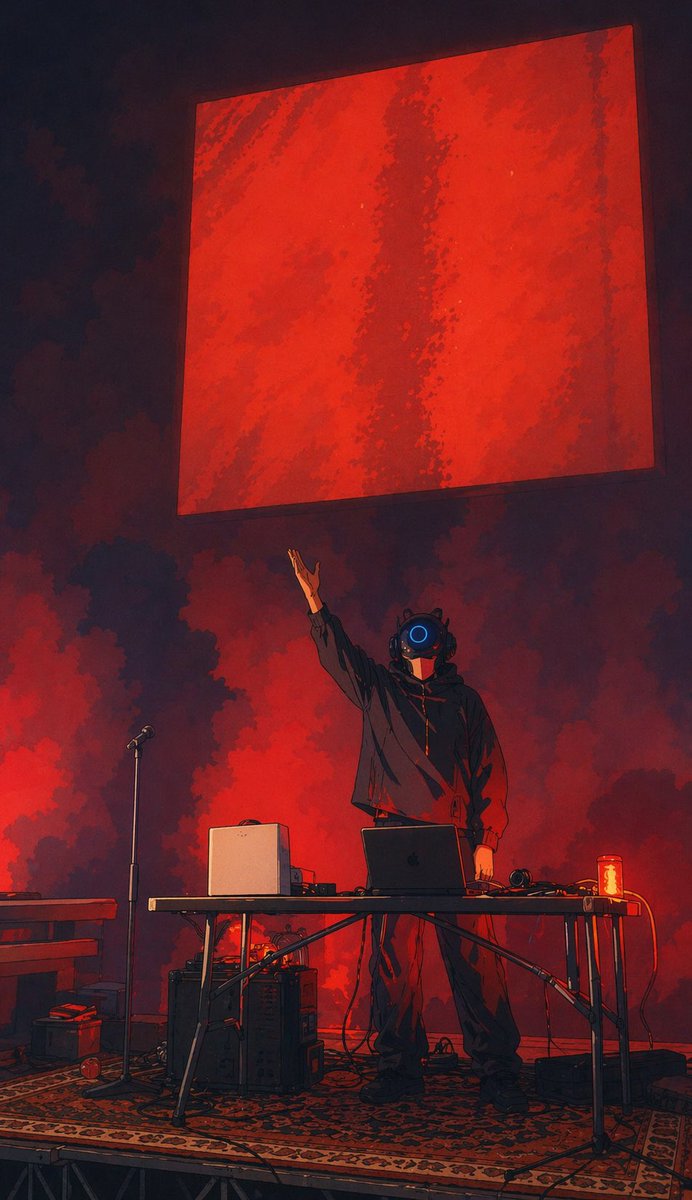 Cyber DJ Beneath a Red Monolith AI image template preview