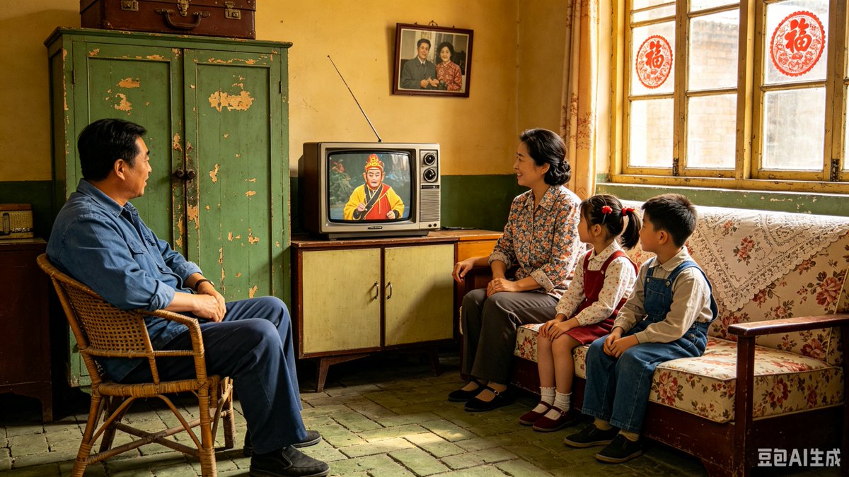 1980s Chinese Family Watching TV AI image template preview
