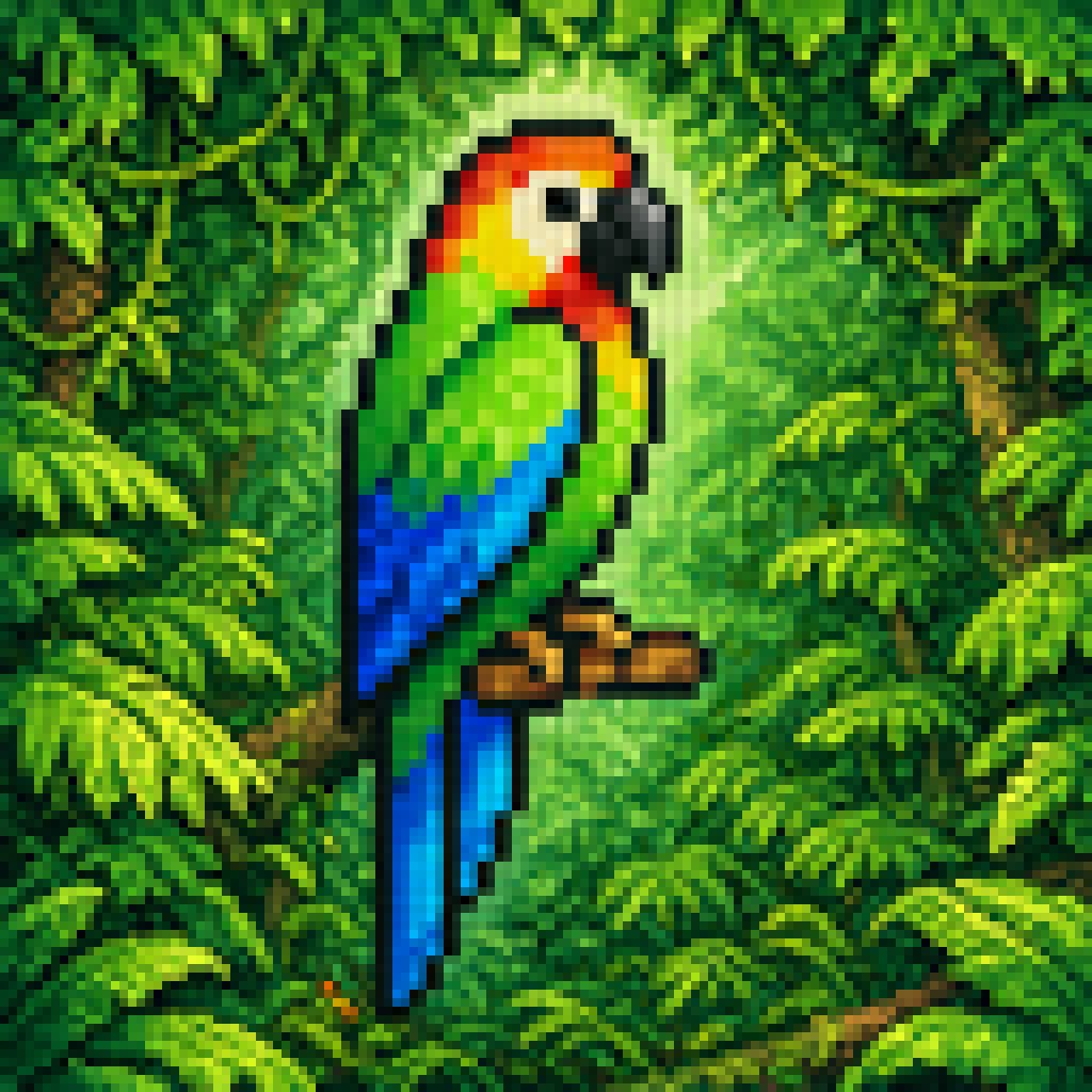 Blurry Retro Pixel Parrot Jungle AI image template preview