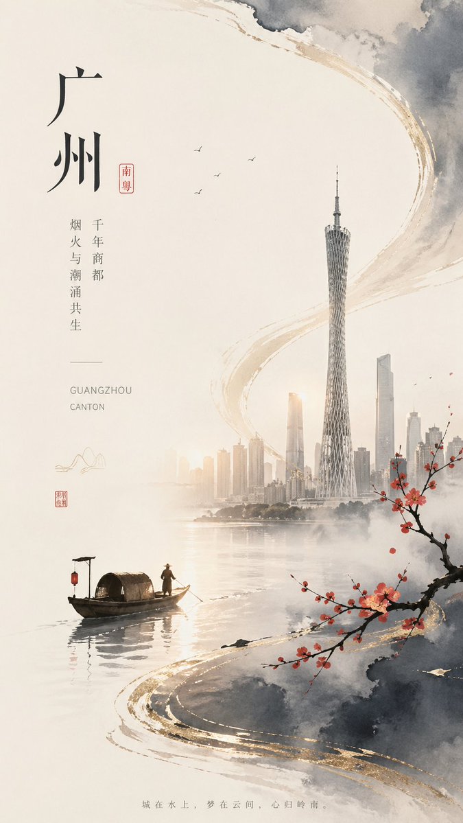 Guangzhou Ink-Wash City Poster AI image template preview