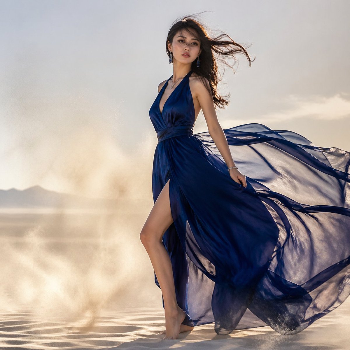 Windblown Blue Gown Desert Editorial AI image template preview