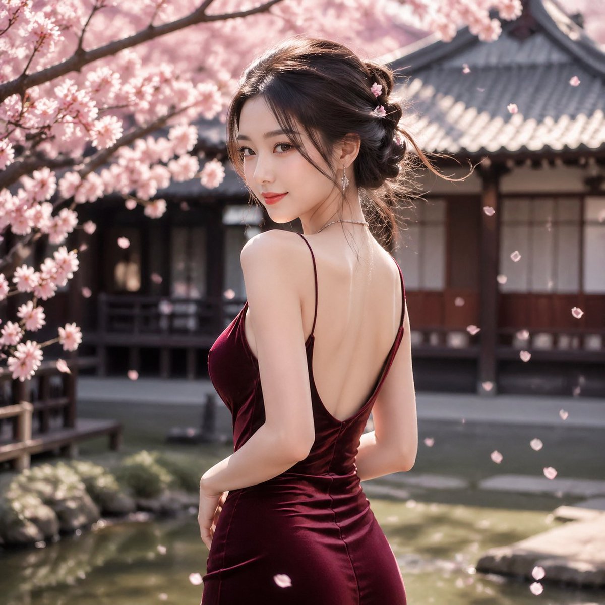 Cherry Blossom Garden Evening Portrait AI image template preview