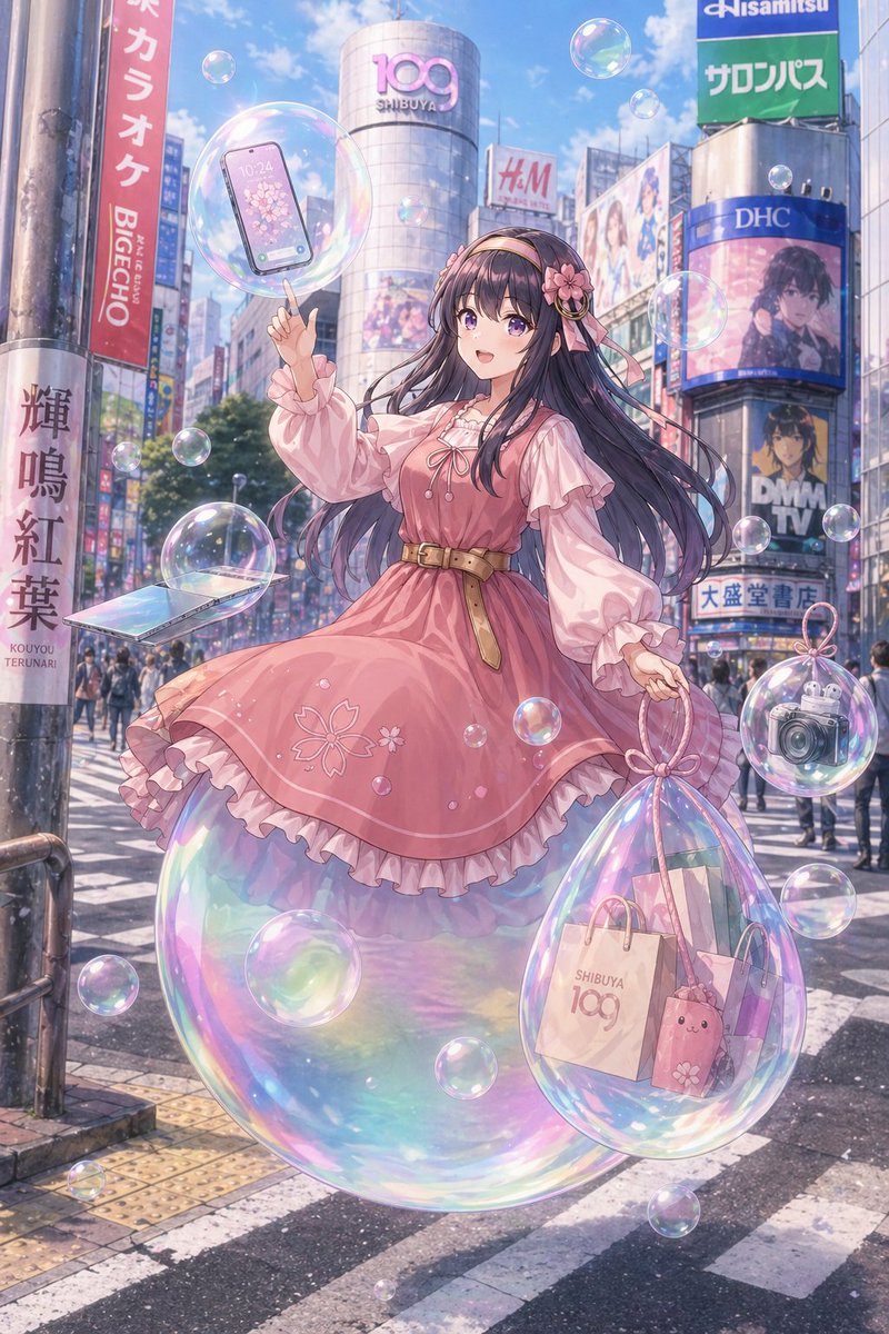 Pastel Anime Girl at Shibuya Crossing AI image template preview