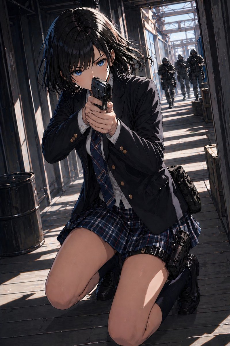 Anime Schoolgirl Gunfight on Industrial Walkway AI image template preview
