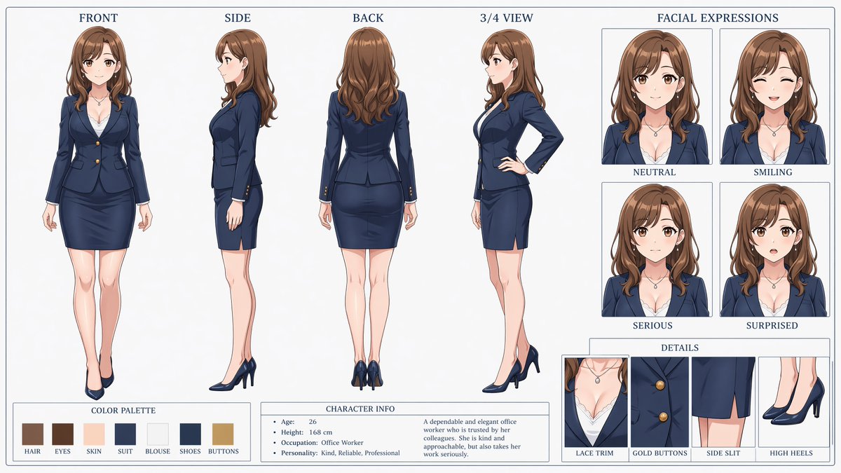 Anime Office Lady Reference Sheet AI image template preview