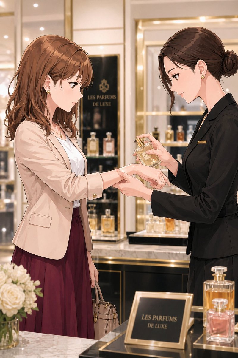 Luxury Perfume Counter Office Lady Scene AI image template preview