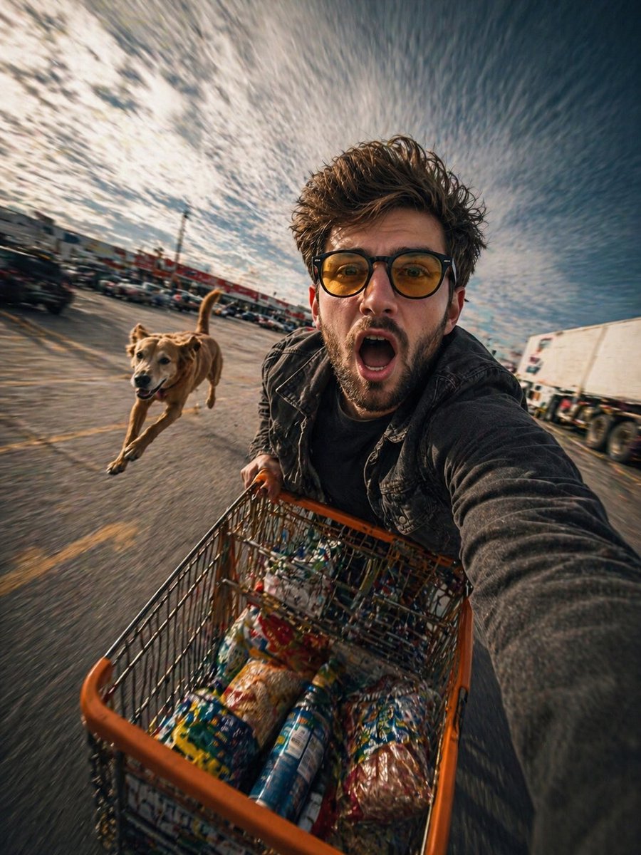Realistic Action Selfie with Shopping Cart AI image template preview