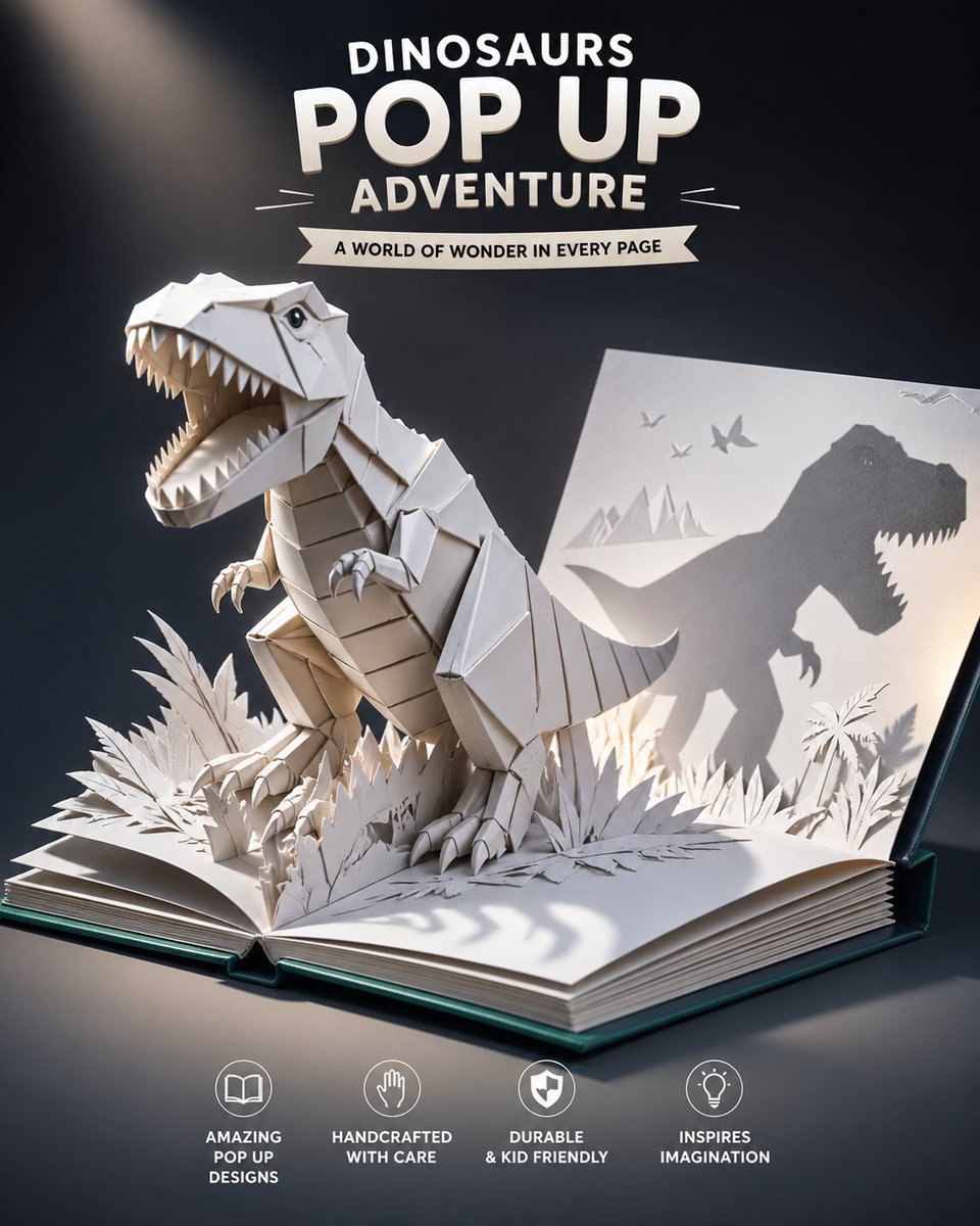 Origami Dinosaur Pop-Up Book Ad AI image template preview