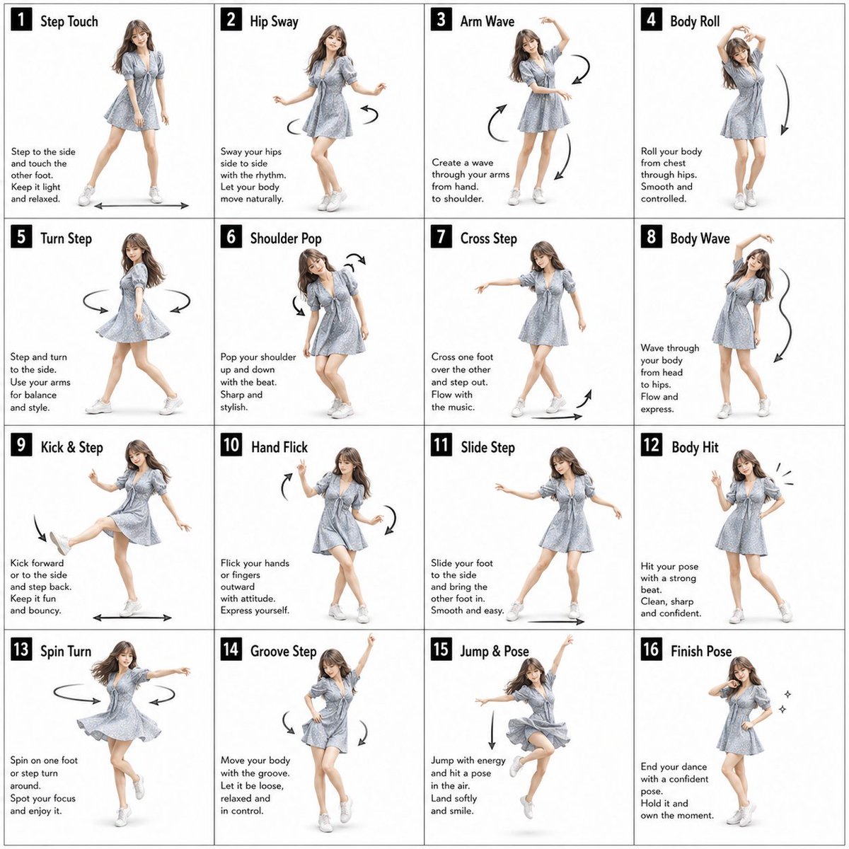 16-Pose Dance Instruction Sheet AI image template preview