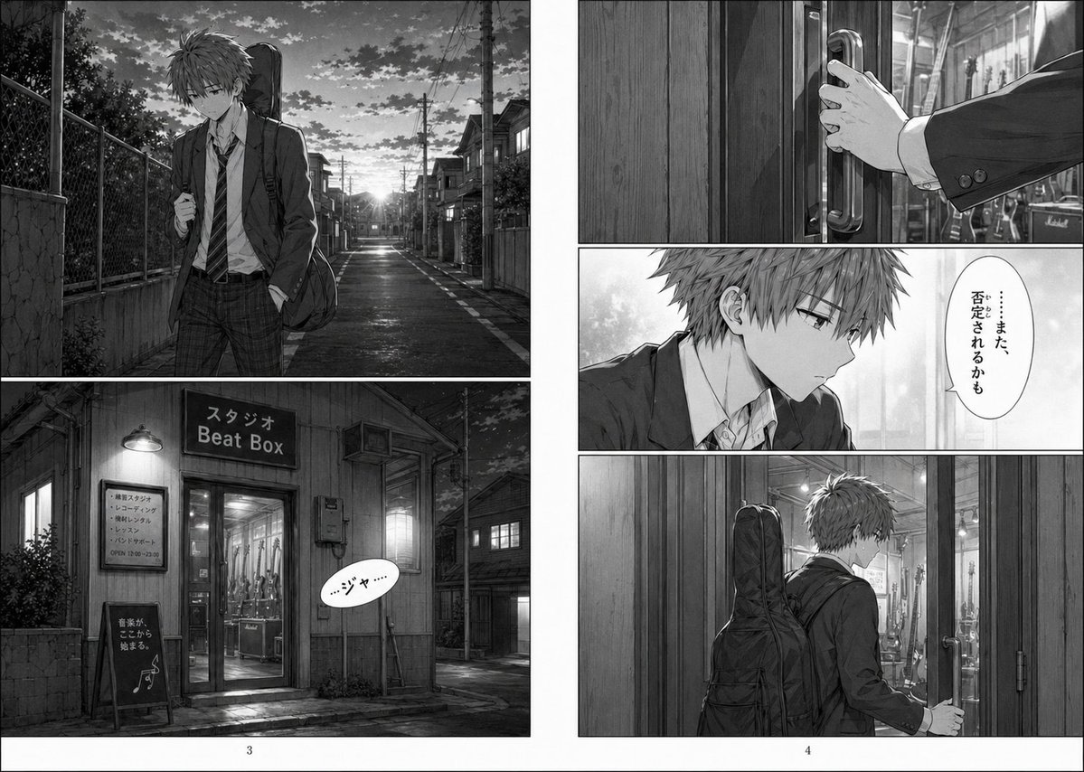 Grayscale Manga Boy Enters Music Studio AI image template preview