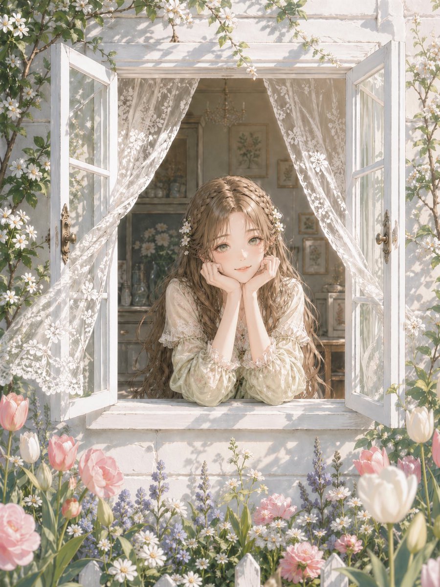 Romantic Cottage Window Garden Scene AI image template preview