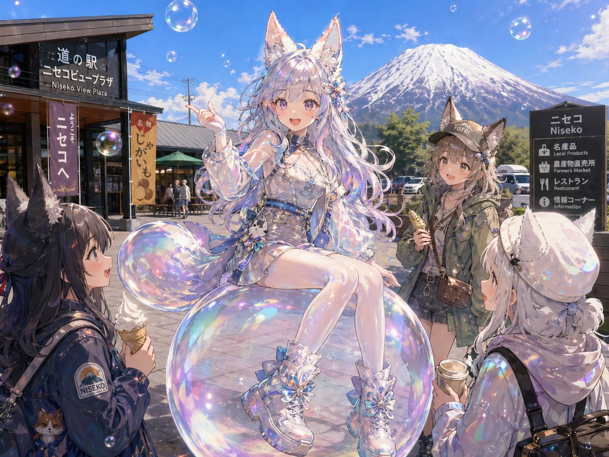 Bubble Fox Friends Meet in Niseko AI image template preview