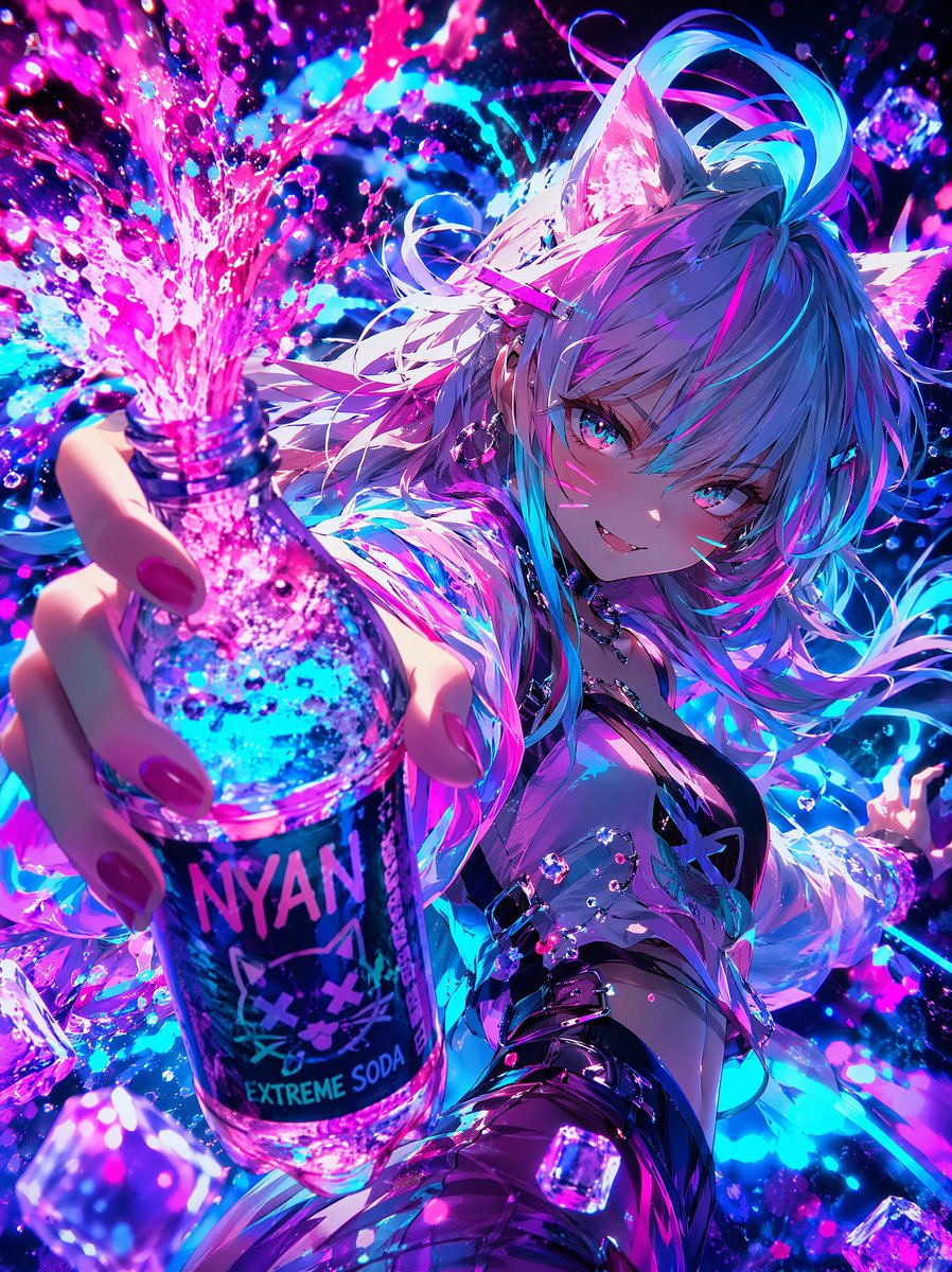 Neon Catgirl Soda Splash AI image template preview