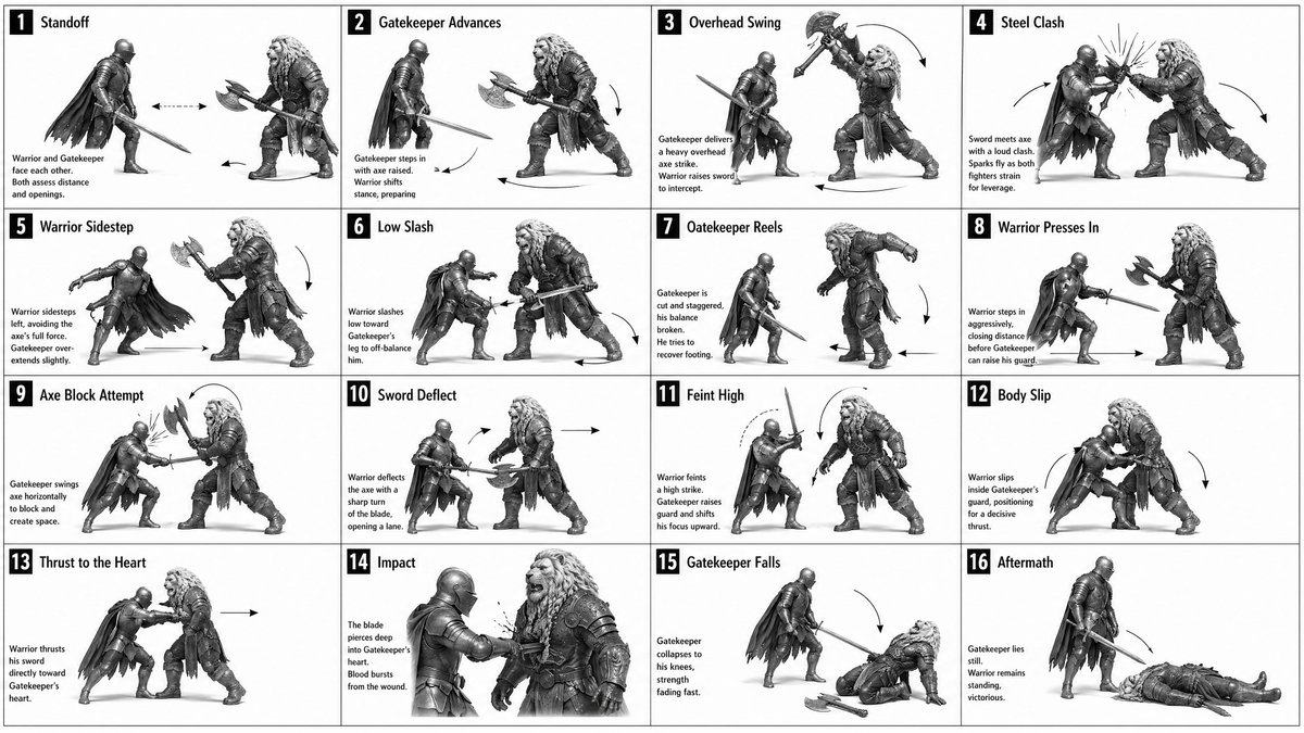 16-Panel Medieval Duel Storyboard AI image template preview
