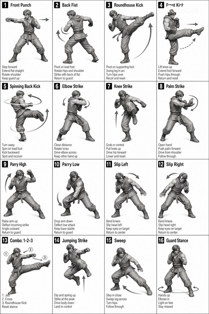 Instructional Martial Arts Movement Sheet AI image template preview